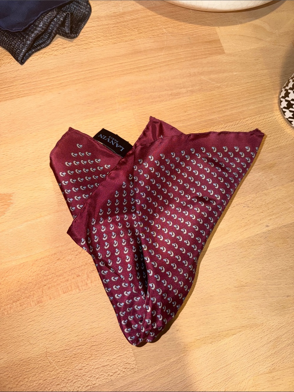 Lanvin Maroon Pocket Square with Silver Motif silk